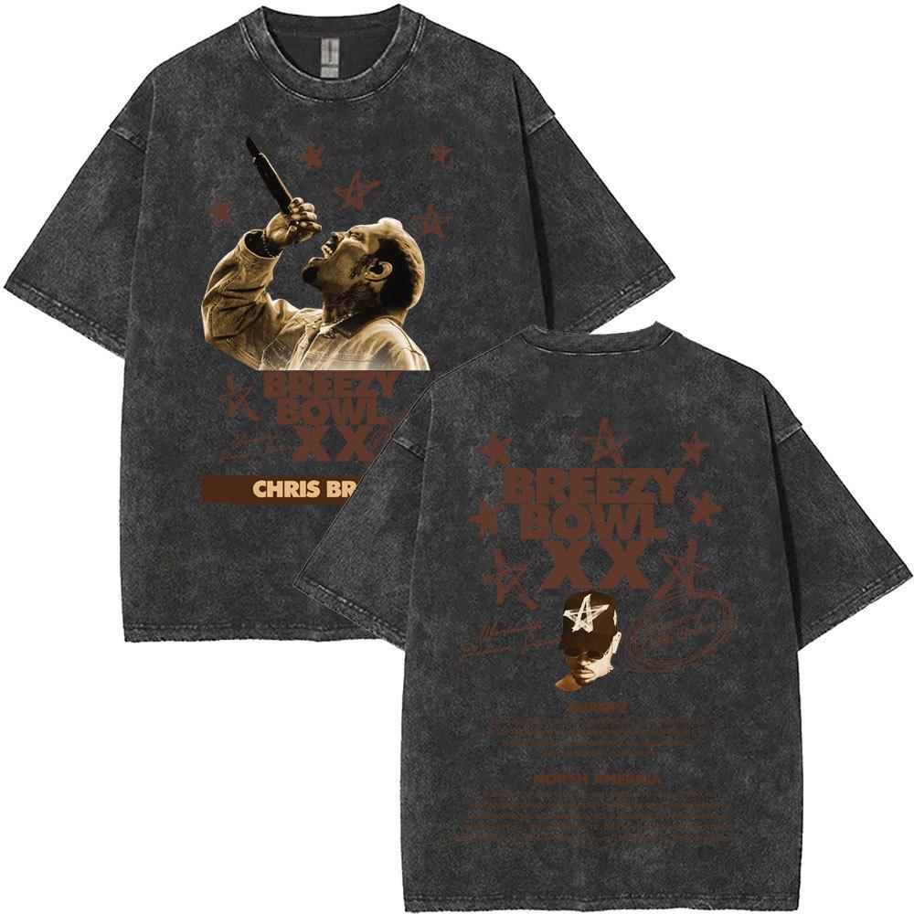Washed Chris Brown Breezy Bowl Xx Tour T-Shirts Men Hip