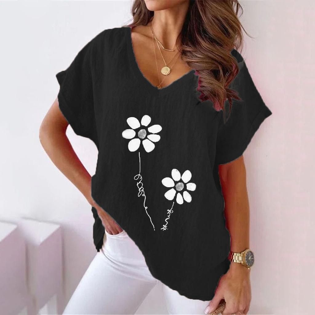 Summer Shirts Women Fashion Plant Flower Print V-neck Cotton Linen Casual Bat Short Sleeved T-shirt Women