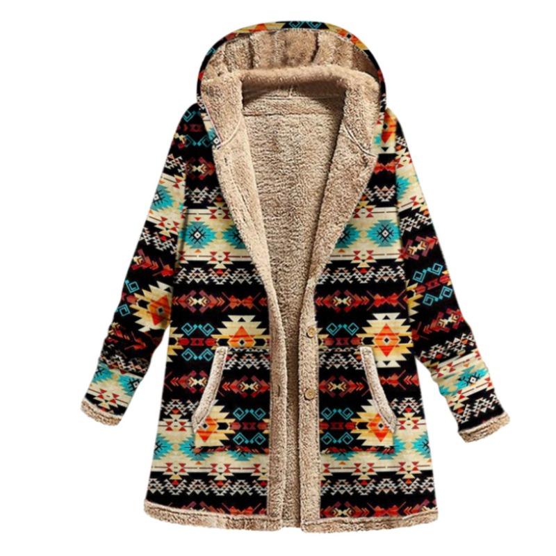Casual Women Warm Outwear Retro Printed Pockets Zipper Hooded Long Sleeve Thicker Coat Plus Size