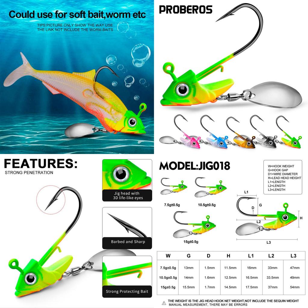 Proberos Jig018 Рыболовная приманка с джиг-головкой и мягкой рыбой Вес 7 г 10 г 15 г Идеально подходит для донной рыбалки в Северной Америке