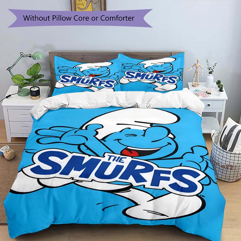 3pcs Duvet Cover Set (1*Duvet Cover + 2*Pillowcase, Without Core), Blue Smurfs Print Bedding Set, Bedroom Decor, All‑Season, Birthday Gift