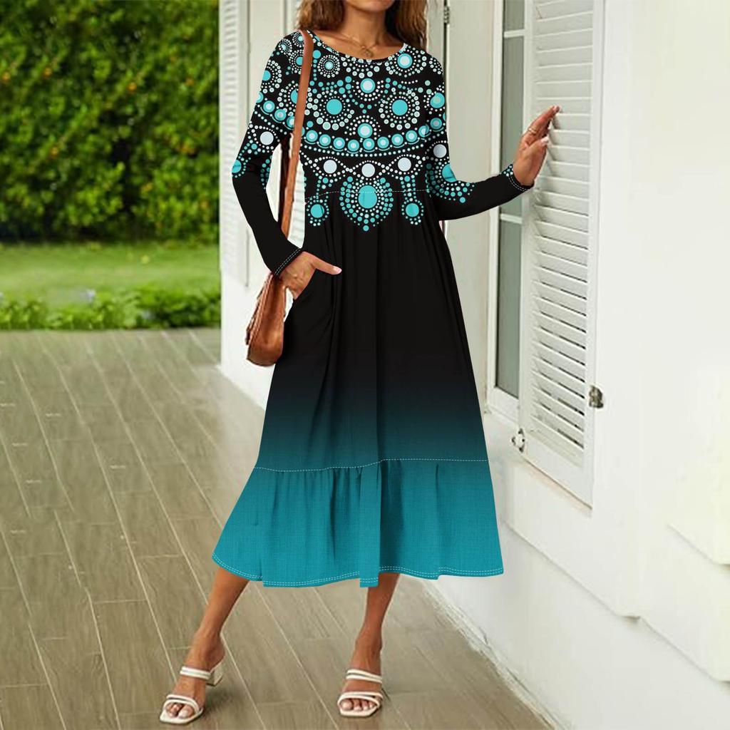Women's Printed Casual Dress Spring Autumn Pocket Round Neck Long Sleeve Dresses