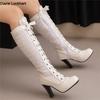 Fashion Women's Round Toe Knee High Boots Leather Lace Hollow Out Punk Lace-Up Steampunk High Heel Shoes Plus Size 34-50 White Red Black