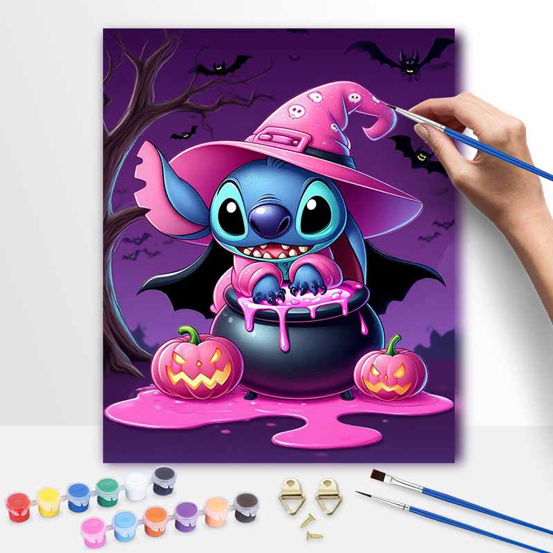 Disney digital oil painting witch Stitch pumpkin cauldron Halloween hand painting home decoration painting