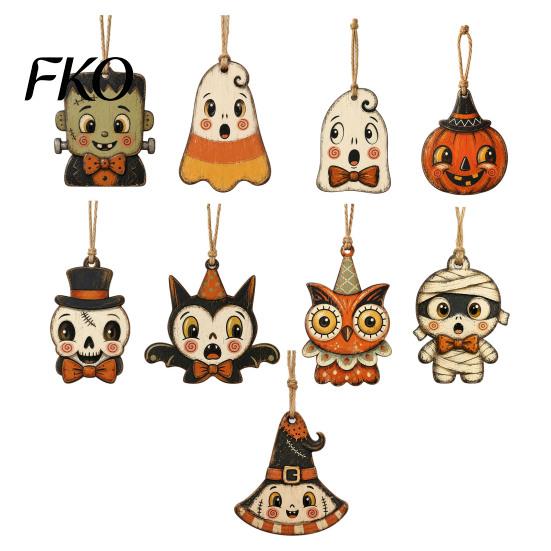Vintage Cartoon Halloween Set Wooden Hanging Decor, Ghost Black Cat Pumpkin Owl Ornament, Rustic Mummy And Ornaments Wall Decor Gift Tags for