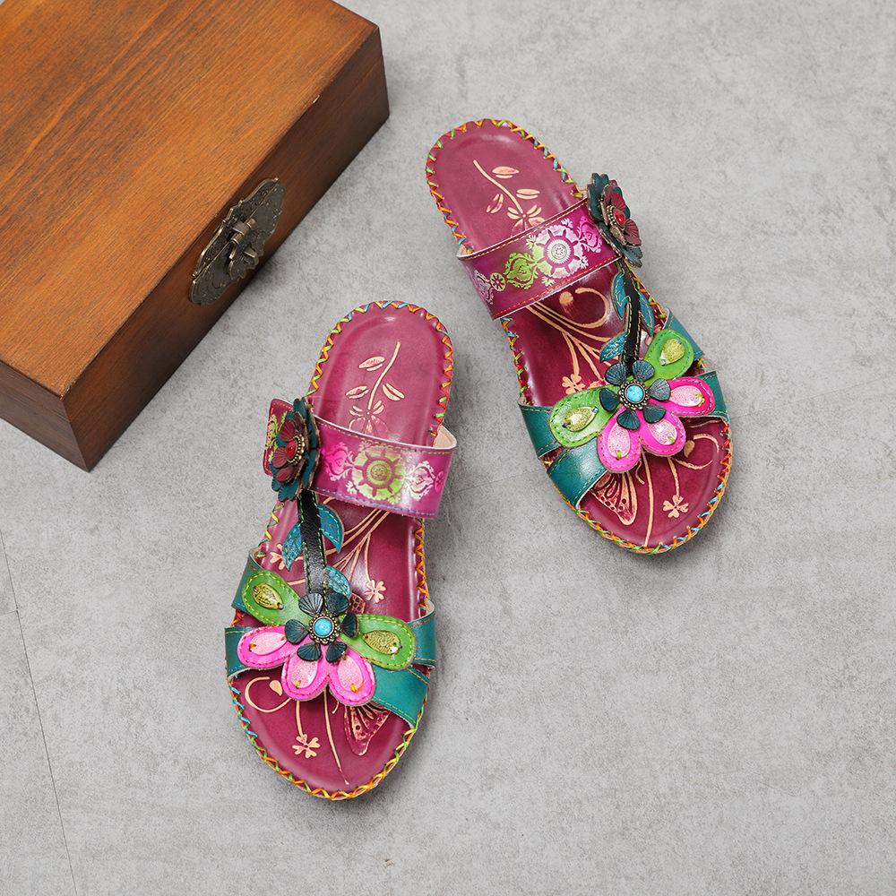 Johnature Тапочки, женская обувь, летние шлепанцы из натуральной кожи с ручной росписью, лаконичные женские тапочки ручной работы