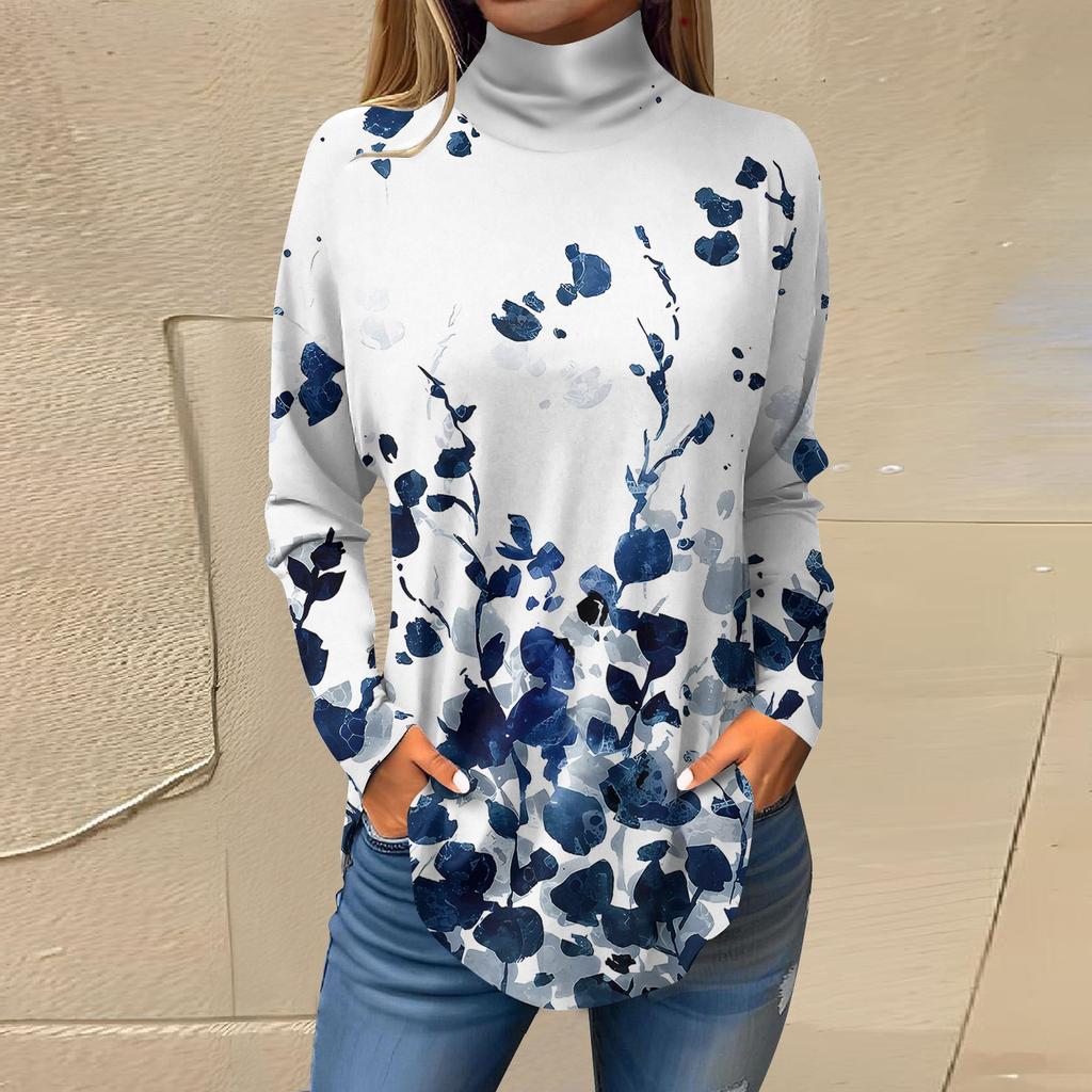 Женская модная повседневная футболка с длинным рукавом с высоким воротом и принтом, пуловер, топ