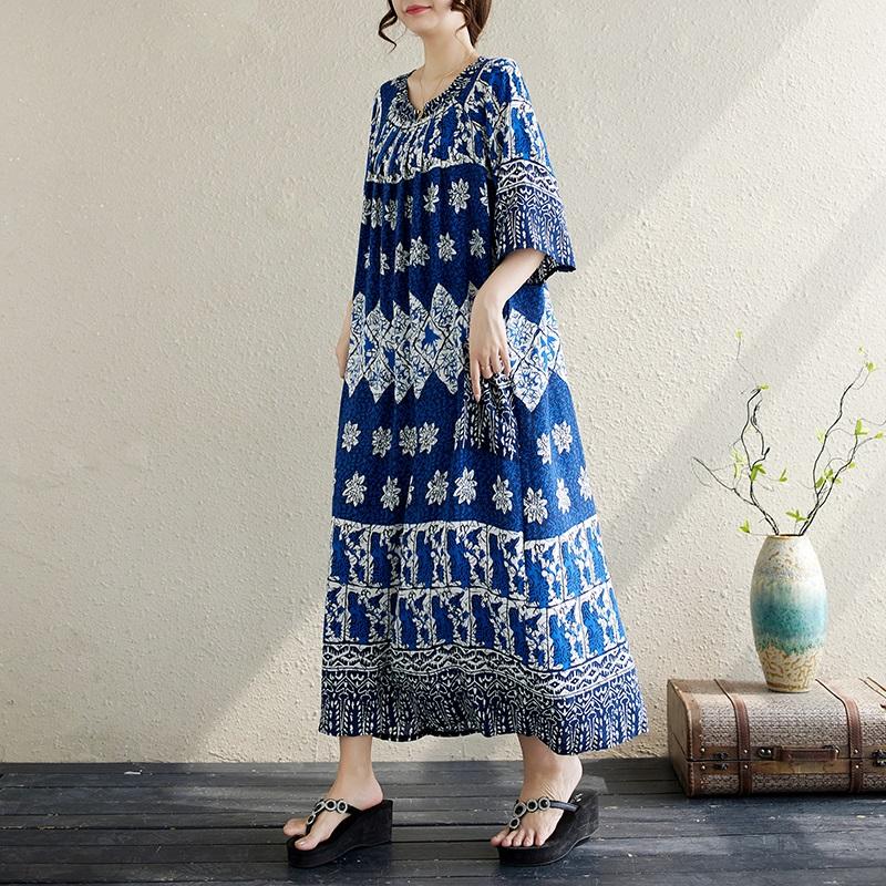 Short Sleeve Plus Size Cotton Vintage Floral New In Dresses for Women Casual Loose Long Summer Dress