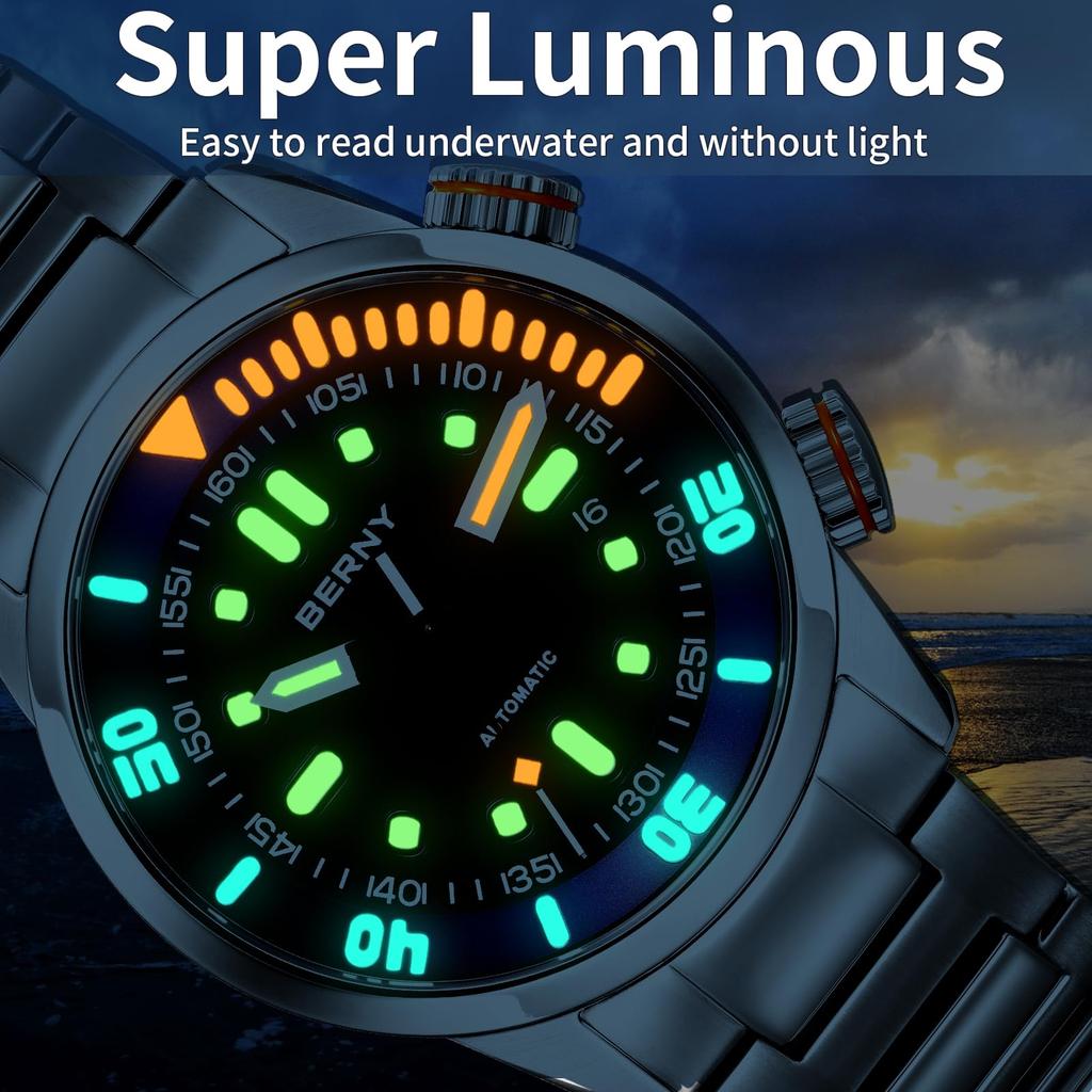 BERNY Watch Mechanical Watch Hand Wind Watch Automatic Watch 200m Diving Watch HV600 Hardness Sapphire Glass Durable Stainless Steel Band Ultra