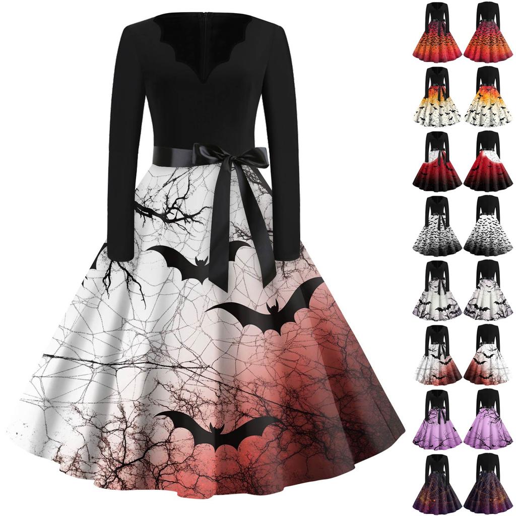 Women's Fashion V-Neck Casual Slim Fit Halloween Printed Long Sleeve Dress