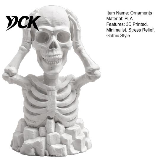 Minimalist Pure White Sculptures Hands on Head Skeleton Figurine, 3D Printed Skull Statue, Unique Halloween Table Decorations Funny Stress Relief