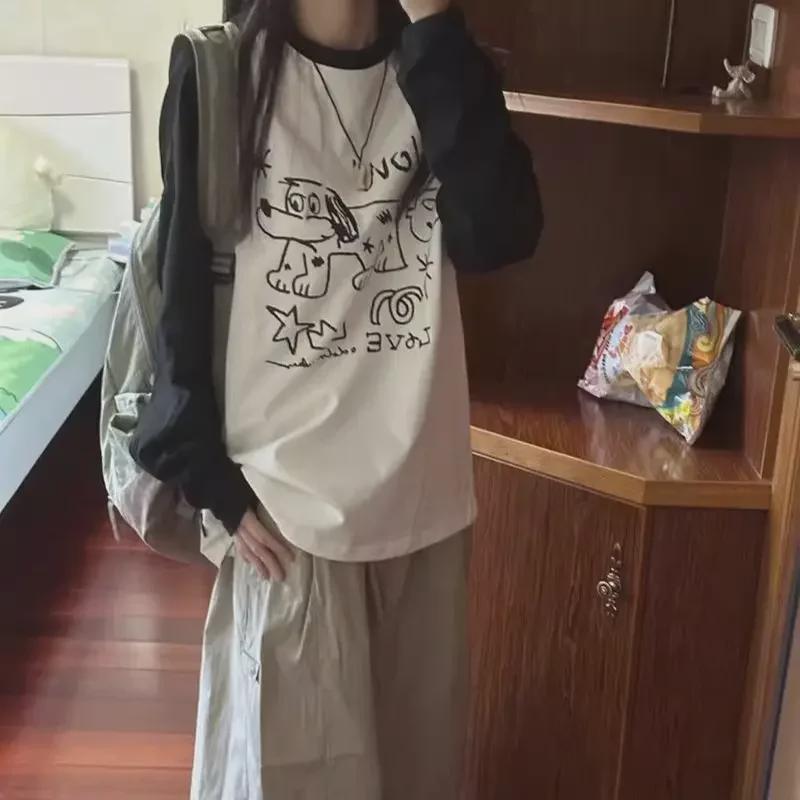 Женская корейская свободная повседневная футболка с длинным рукавом и контрастной строчкой черного и белого цвета