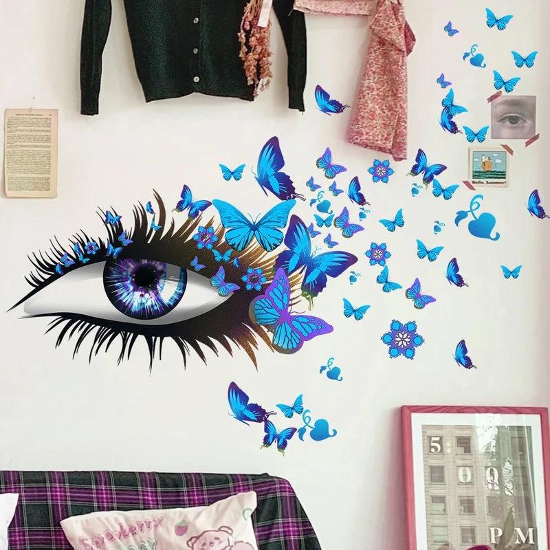 Creative Beautiful Girl Eyes Wall Sticker Flying Butterfly Wall Decals Girl Long Eyelashes for Couple Lovers Bedroom Decoration