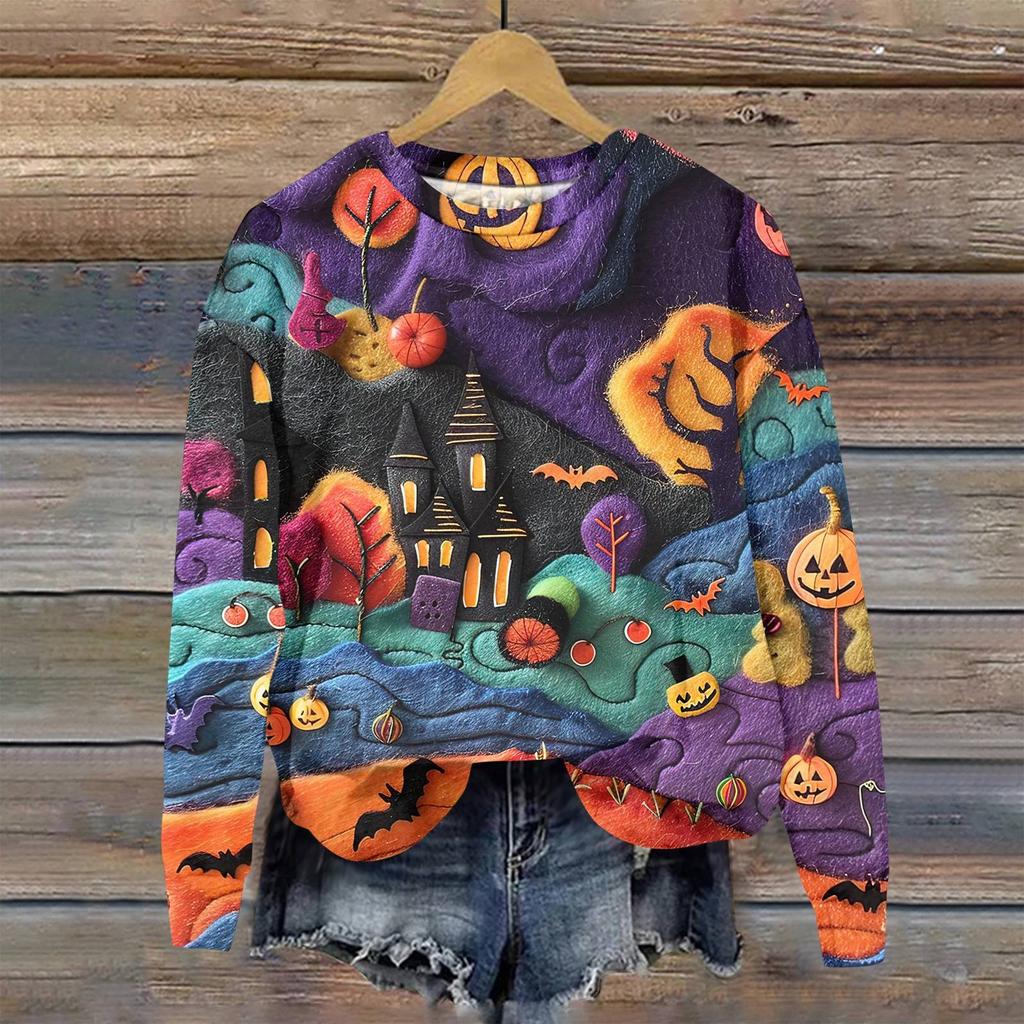 Ladies Fashion Casual Long Sleeve Halloween Printed Round Neck Hoodie Top