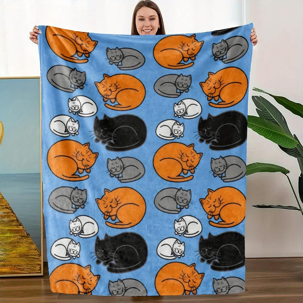 Cozy Cat Pattern Fleece Blanket - Soft Breathable Polyester, High-Definition Digital Print with Playful Sleeping Cats in