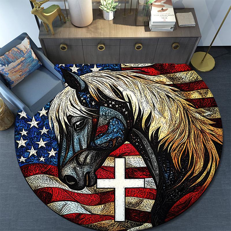 Horse Round Area Rug,Carpet Rug for Living Room Bedroom Sofa Playroom Decor,Non-slip Floor Mat