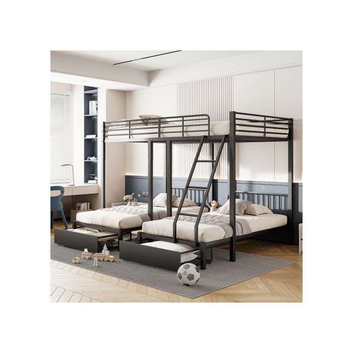 Lit Superposé Triple - MUVOE - Convertible 140x200 Et 90x200 - Noir - Avec Tiroirs - Métal