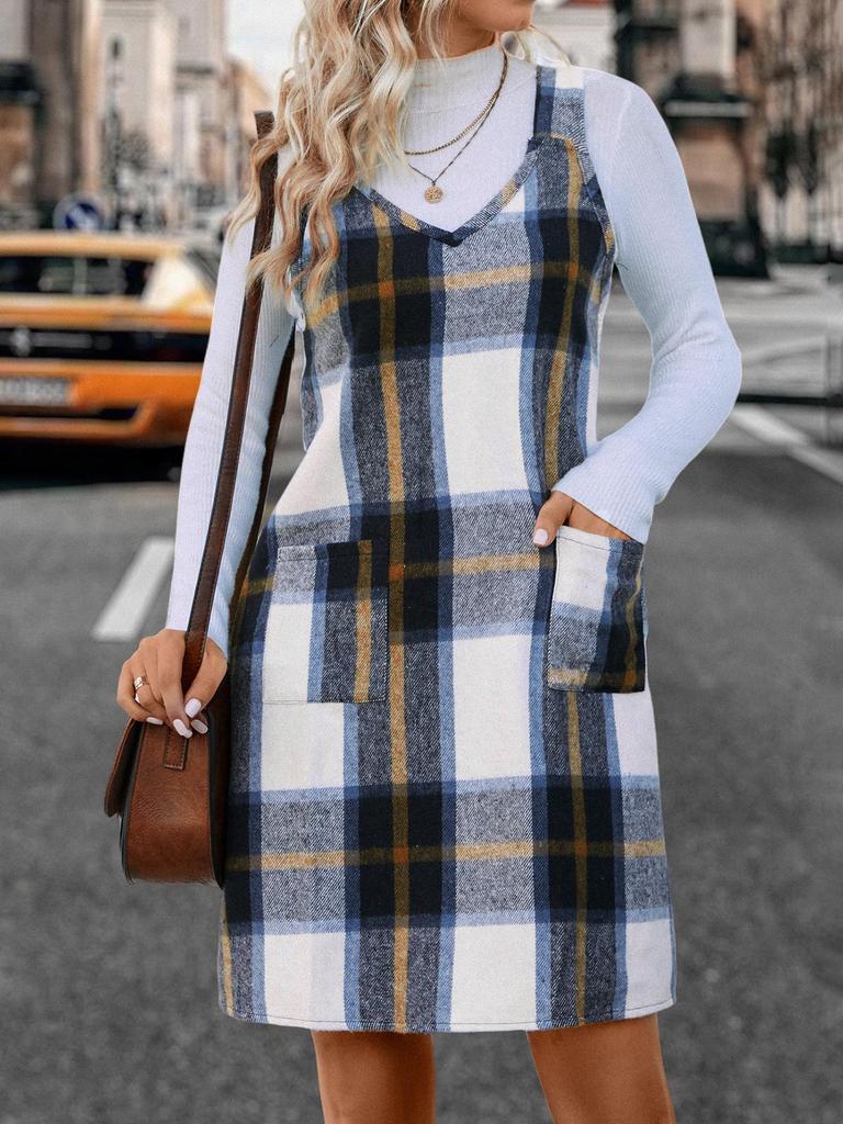 Европейское и американское женское платье-комбинезон в клетку с V-образным вырезом и карманами - Модная одежда для весны и осени