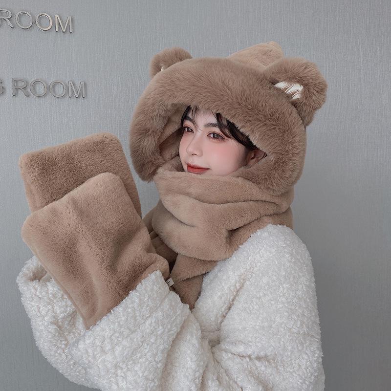 "Women's Winter Little Bear Hat, Scarf, and Gloves Set - Stylish and Warm"