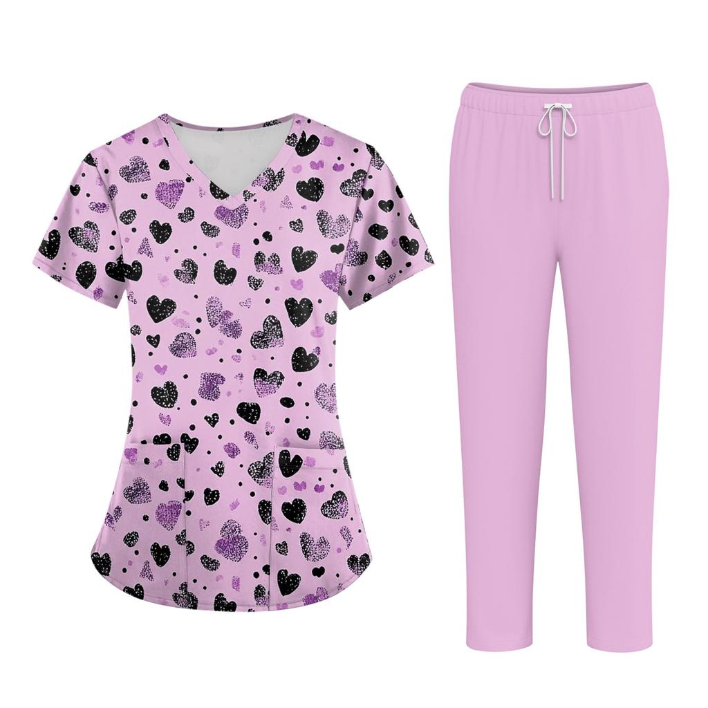 Плюс размерСкраб с принтом Рабочая форма Топы для женщин Крест V-образным вырезом Хэллоуин Принт с короткими рукавами Забавные футболки Спецодежда Футболка с карманами