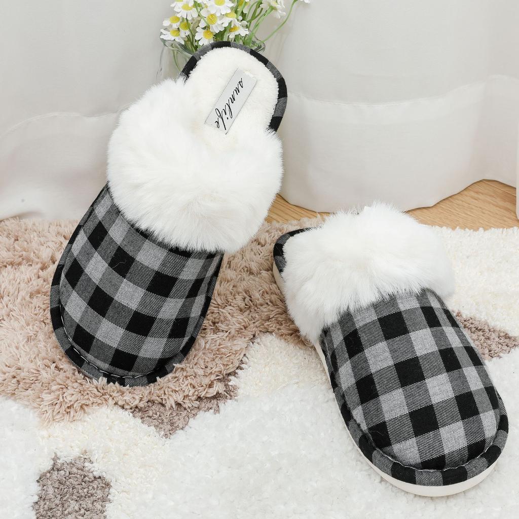 Autumn and Winter Couple Fluffy Slippers Warm Home Non-slip Thickened Plaid Cotton Slippers