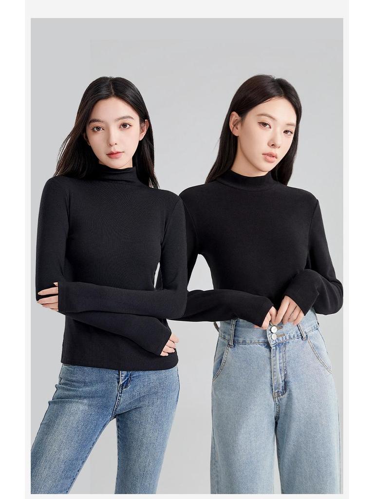 Autumn/Winter Wool Long-Sleeve Velvet Cotton Mid-Neck Women's Fashion Top