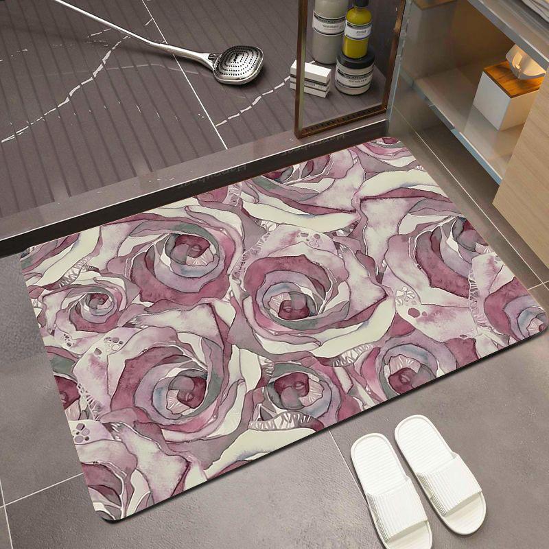 Vintage Watercolor Rose Bath Mat Romantic Floral Art Print Non-Slip Silicone Backing Rug