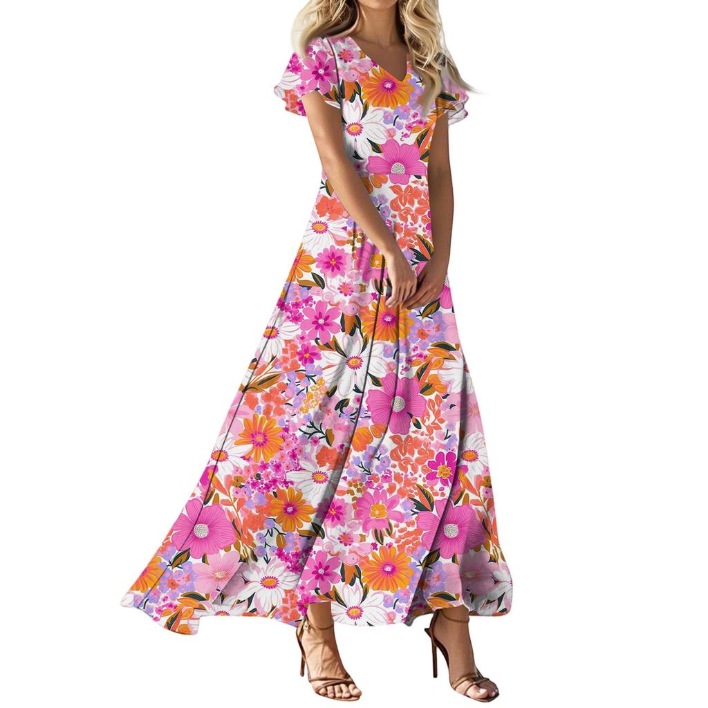 Женское платье макси в стиле бохо, женское летнее платье с коротким рукавом, весеннее повседневное платье А-силуэта с V-образным вырезом, летний пляжный сарафан для отдыха