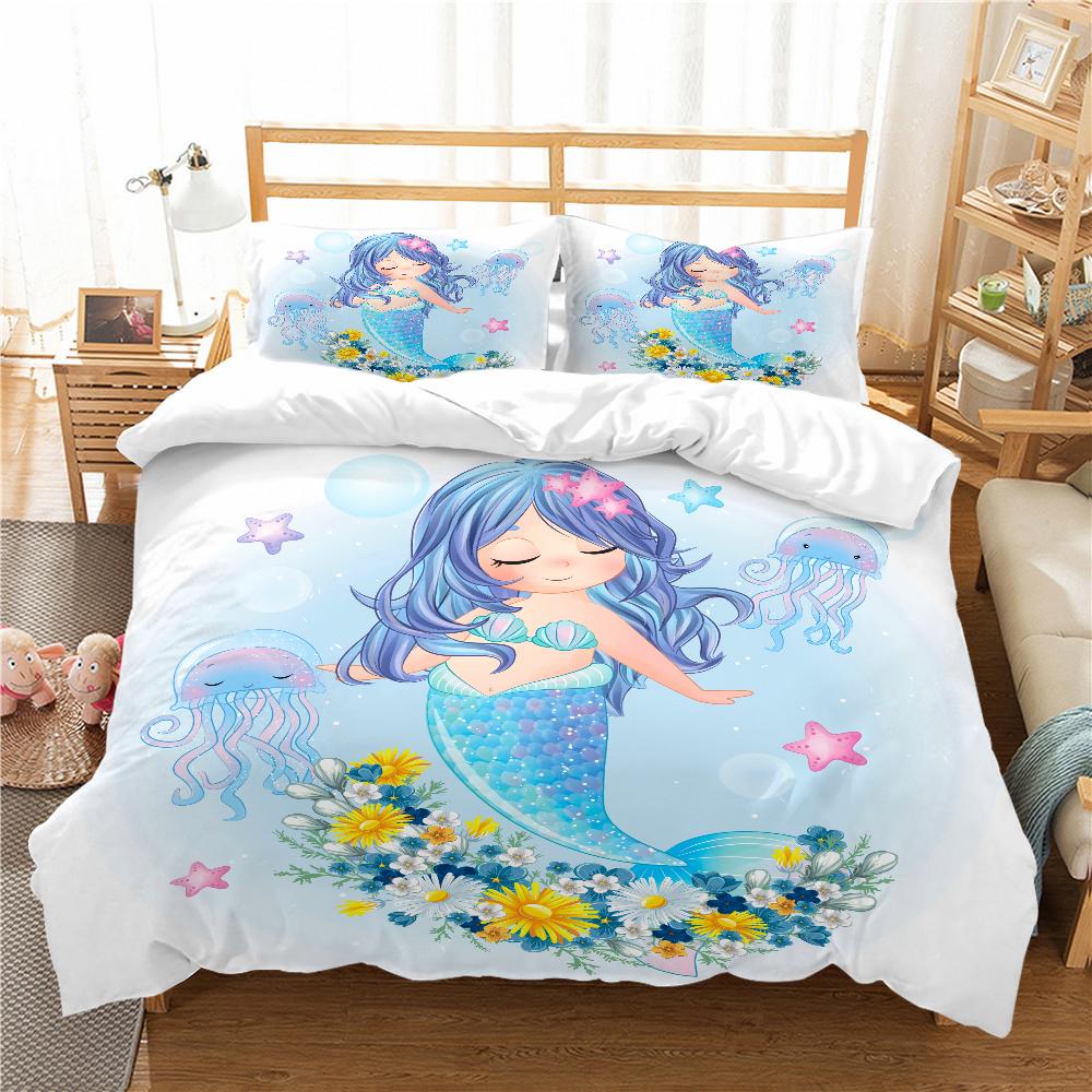 Mermaid Bedding 3D Girl Princess Room Duvet Cover Pillowcase 2/3pcs Single/double Bed Full-size Home Textile Girl Woman Gift