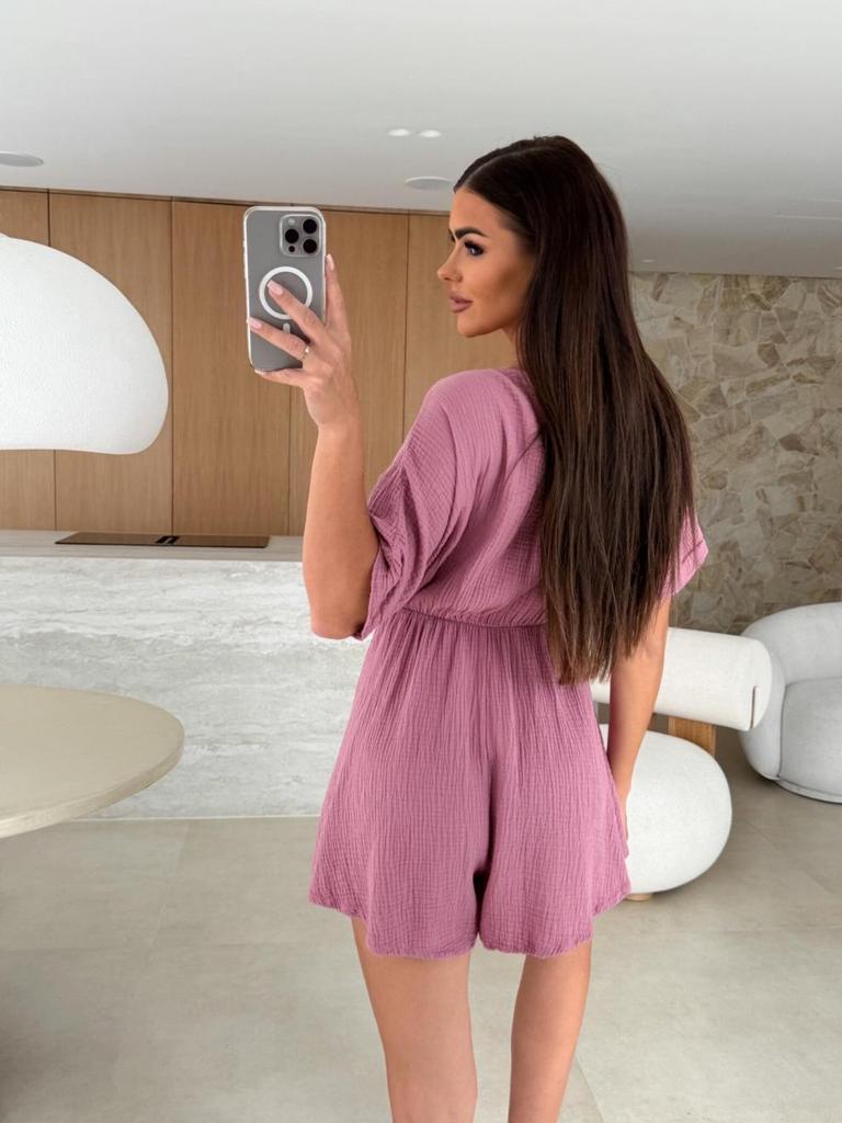 2025 Новый летний комбинезон-шорты с глубоким V-образным вырезом, коротким рукавом и сборкой на талии