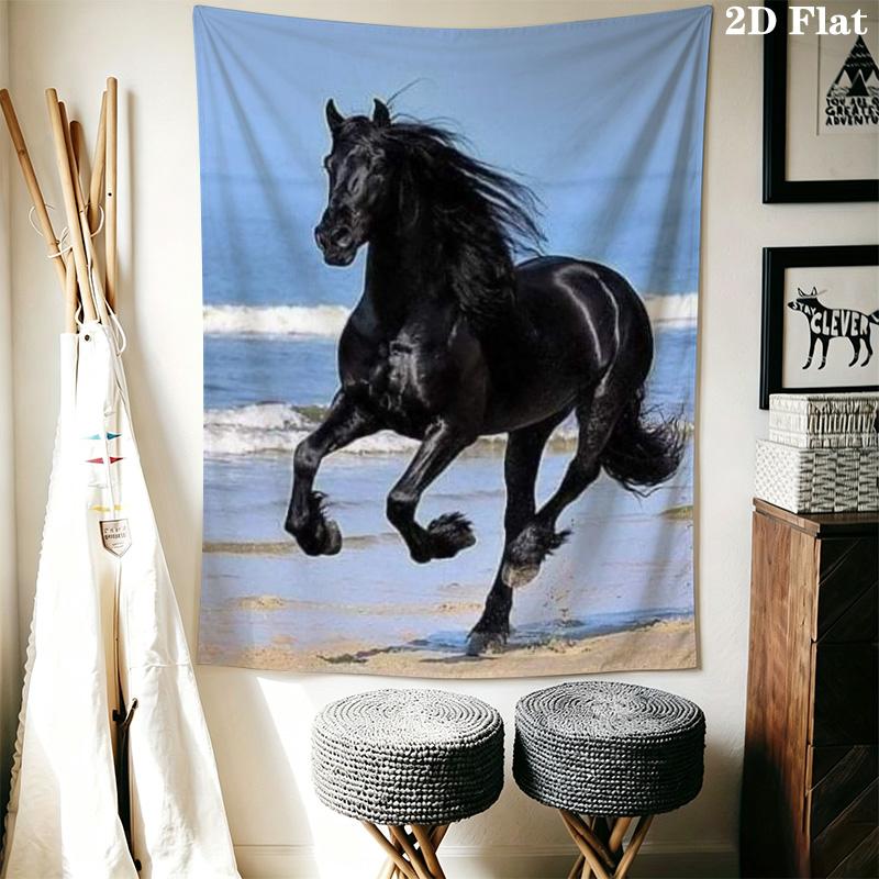 White Horse with Autumn Maple Leaves Tapestry, Fantasy Purple Sky Horse Art Print Wall Hanging Home Decor
