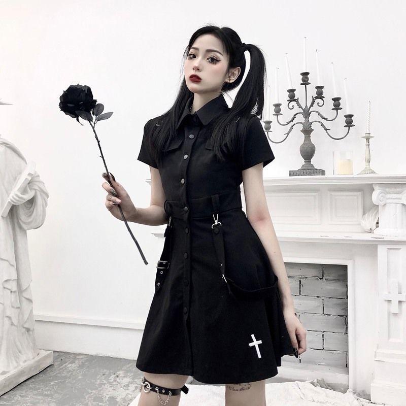 Women Black Y2k Dress French Cross Embroidery Punk Dark Dress JK Uniform College Style Gothic Street Skirt