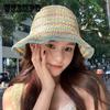 Rainbow Striped Crochet Bucket Hat Trendy Breathable Sunscreen Straw Hats Outdoor Fisherman Cap for Women Female