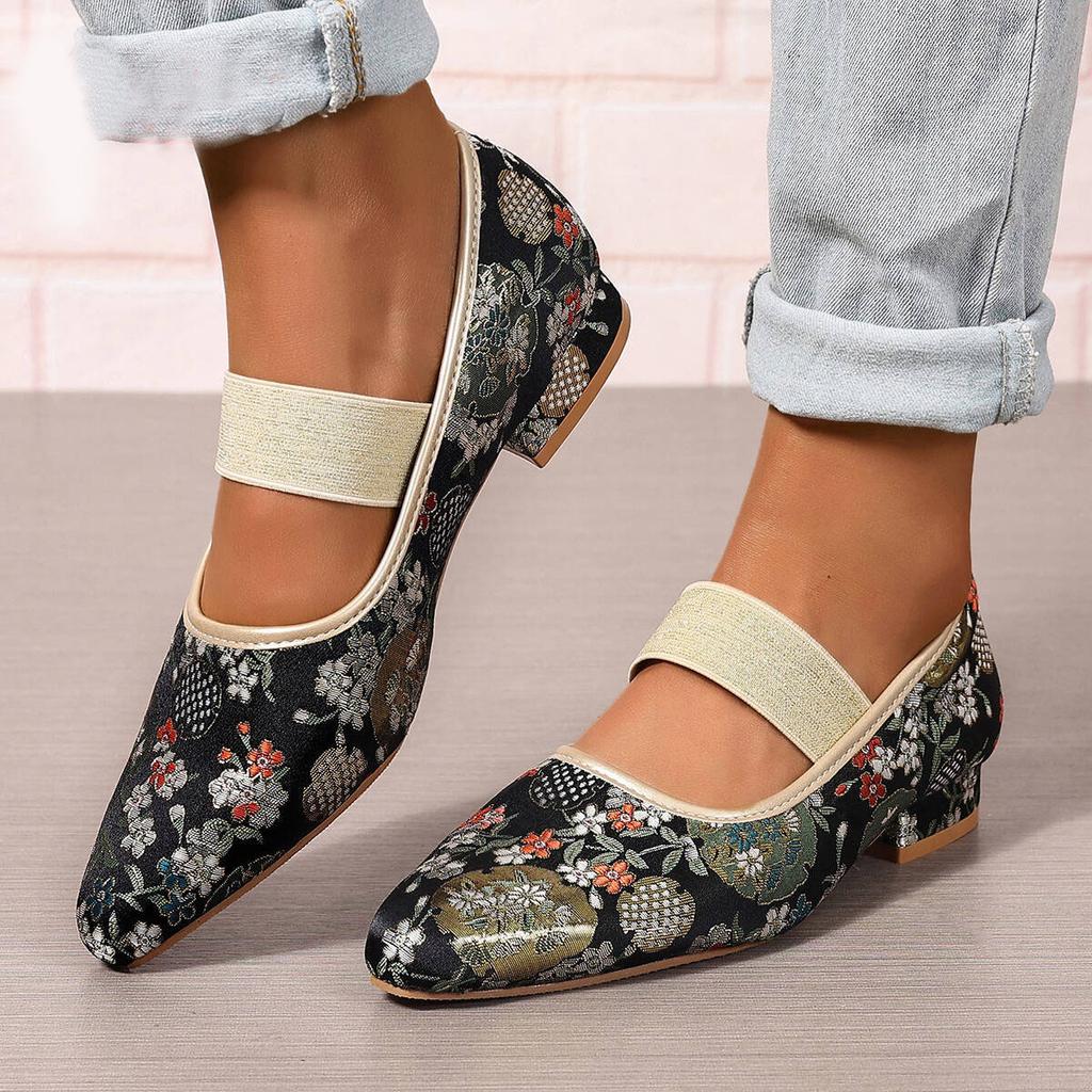 Fashion New Slip-on Women's Fashion Low Heeled Shoes Embroidered Women's Pumps Round Toe Shallow Soft Loafers Thick Heel Shoes for Women