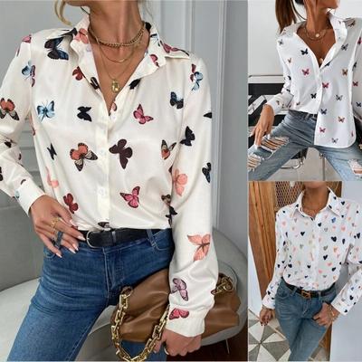 Модные свободные рубашки с длинным рукавом и принтом бабочек S-5XL, женские винтажные однобортные блузки больших размеров, женские элегантные офисные блузки с лацканами 26247
