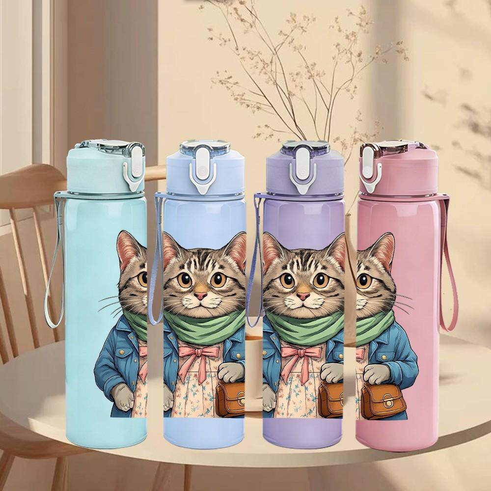 1PC Scarf Gentle Cat Cartoon 750ml Color Plastic Sports Water Bottle Leakproof Flip Straw Lid Suitable for Sports Office Home Use