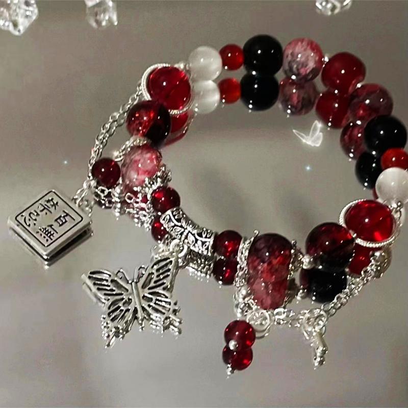 Chinese Style Red Beaded Bracelet for Women Blessing Butterfly Tassels Chain Pendant Bracelets Dark Gothic Jewelry Accessories
