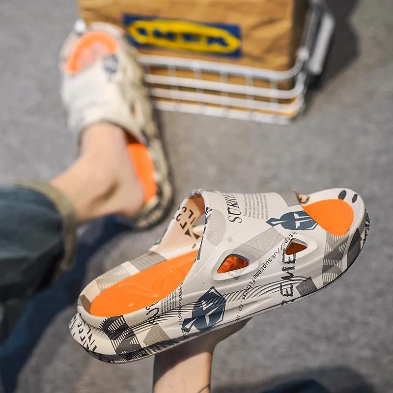 Новые мужские тапочки с принтом, мужские шлепанцы, летняя мужская обувь, толстая подошва, удобные домашние уличные стильные туфли