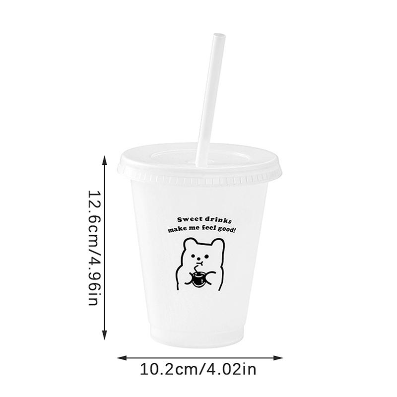 Kawaii Water Bottle For Coffee Juice Milk Tea Cute Plastic Cold Cups With Straw Lid Portable Reusable Drinking Bottle BPA Free