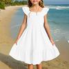 Girls Summer Dress Smocked Ruffle Sleeve Square Neck A-Line Sundress Cute Princess