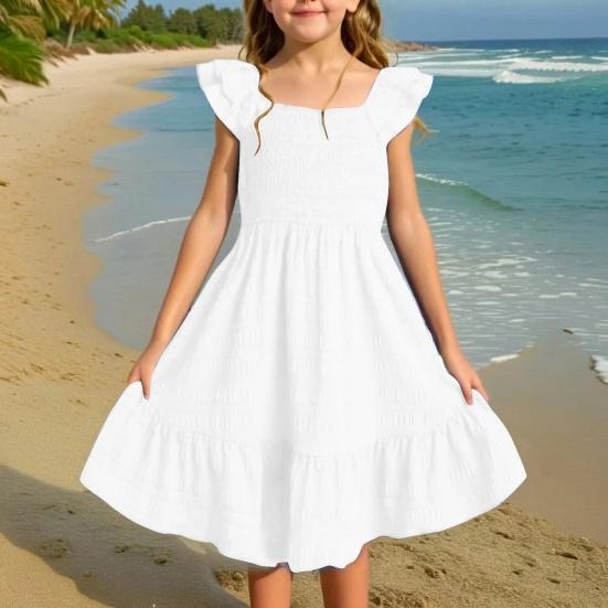 Girls Summer Dress Smocked Ruffle Sleeve Square Neck A-Line Sundress Cute Princess