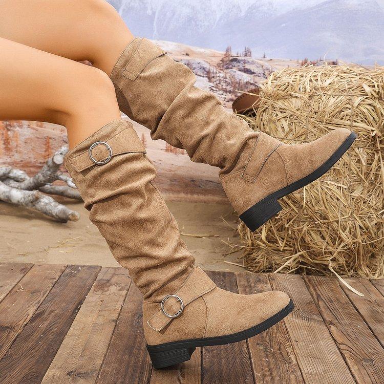 Large Size Women's Shoes Pleated Women's Belt Buckle Boots But Knee Thick Heel Slim Boots Snow Boots Women
