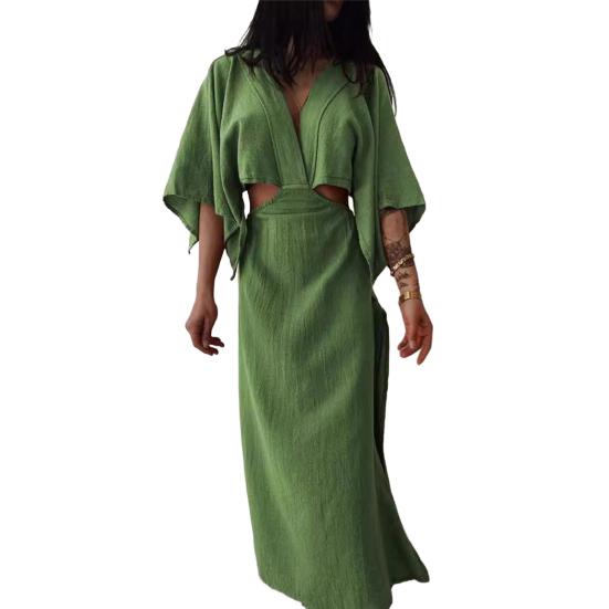 Женское платье макси с V-образным вырезом, сексуальное облегающее платье с коротким рукавом и разрезом, летнее длинное платье из хлопка и льна для пляжного отдыха