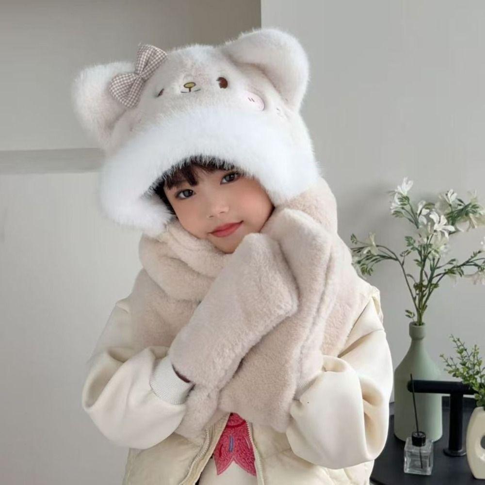 2/3Piece Set Neck Protection Feature Cat Plush Hat Scarf Set Kids Plush Hat Set Daily Wear