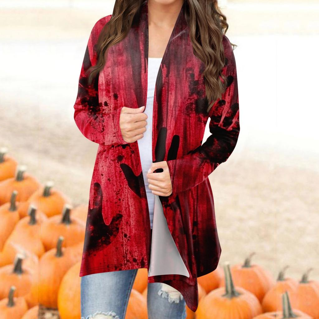 Женский модный повседневный кардиган средней длины с принтом на Хэллоуин, куртка, пальто