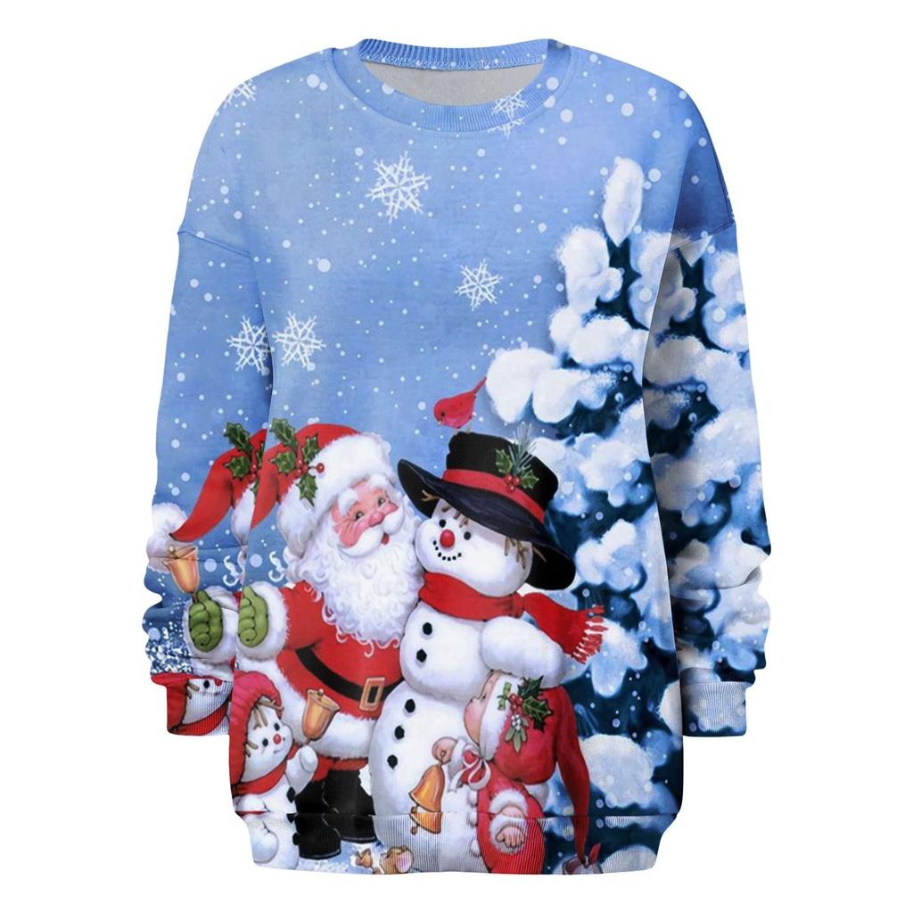 Женский повседневный модный рождественский принт с длинным рукавом и круглым вырезом, пуловер, топ