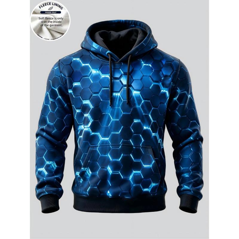 Men Fleece Lined Hoodie 3D Blue Hexagon Geometric Print Pullover Hooded Sweatshirt Casual Long Sleeve Top