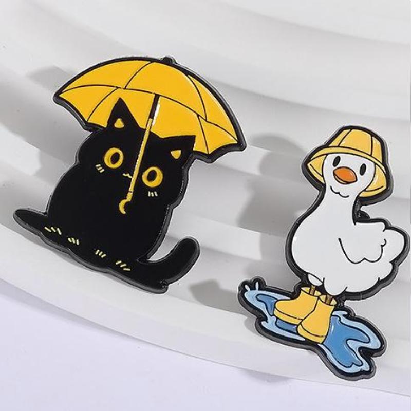 Hot Sale Enamel Pins Duck With Rain Boots Metal Brooches Funny Black Cat With Umbrella Lapel Badge Jewelry Gifts For Friends