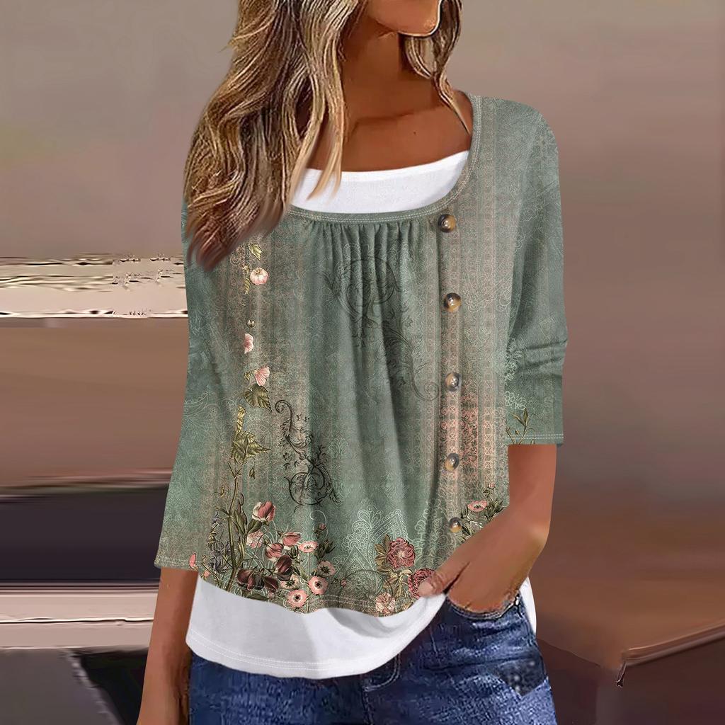 Women's T Shirt Tee Print 3/4 Sleeve Fake Two Pieces Daily Weekend Fashion Basic Regular Top