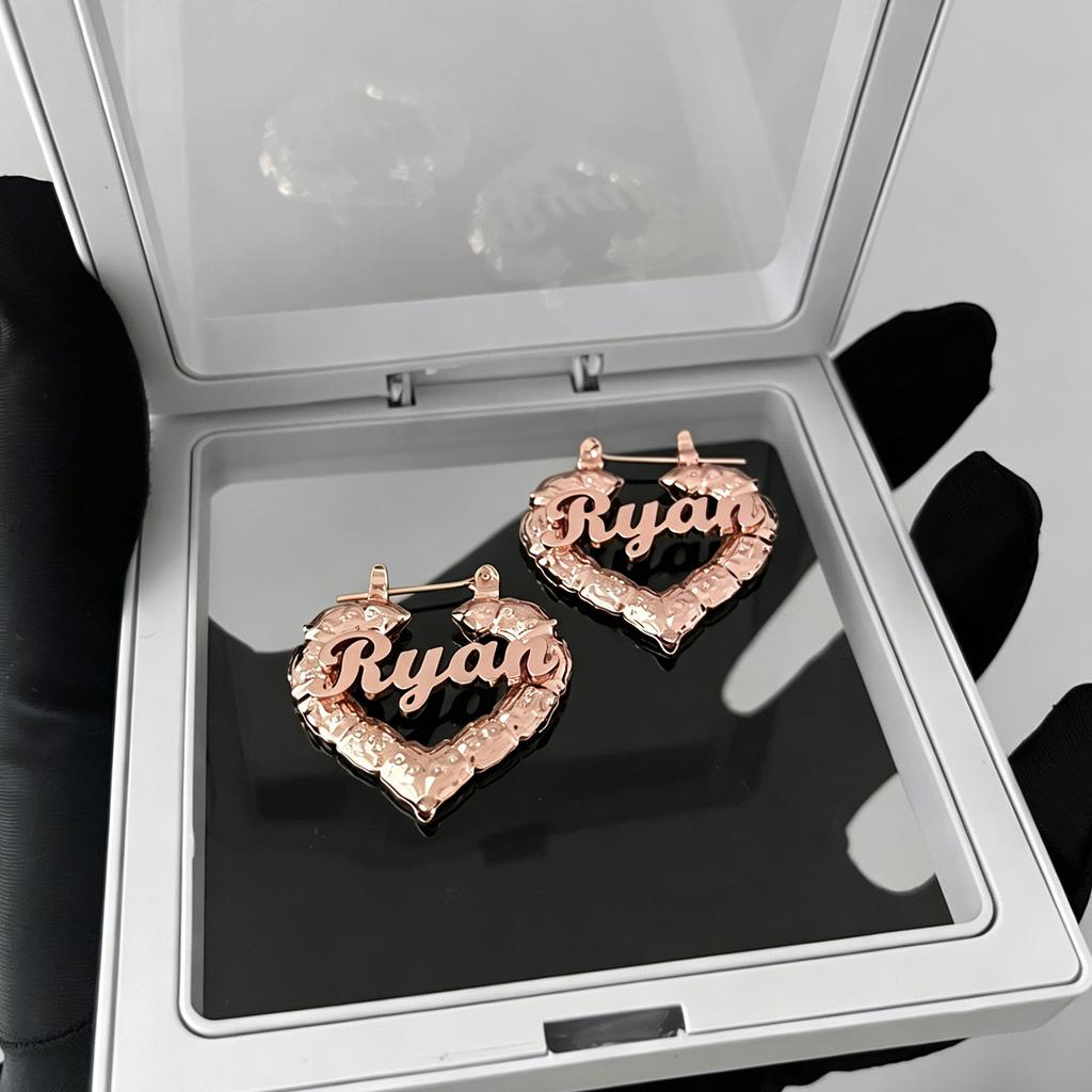 Personalized 18k Gold Plated Name Bamboo Hoop Earrings Stainless Steel 30mm 50mm 70mm 90mm Custom Heart Hoops Party DIY Gift